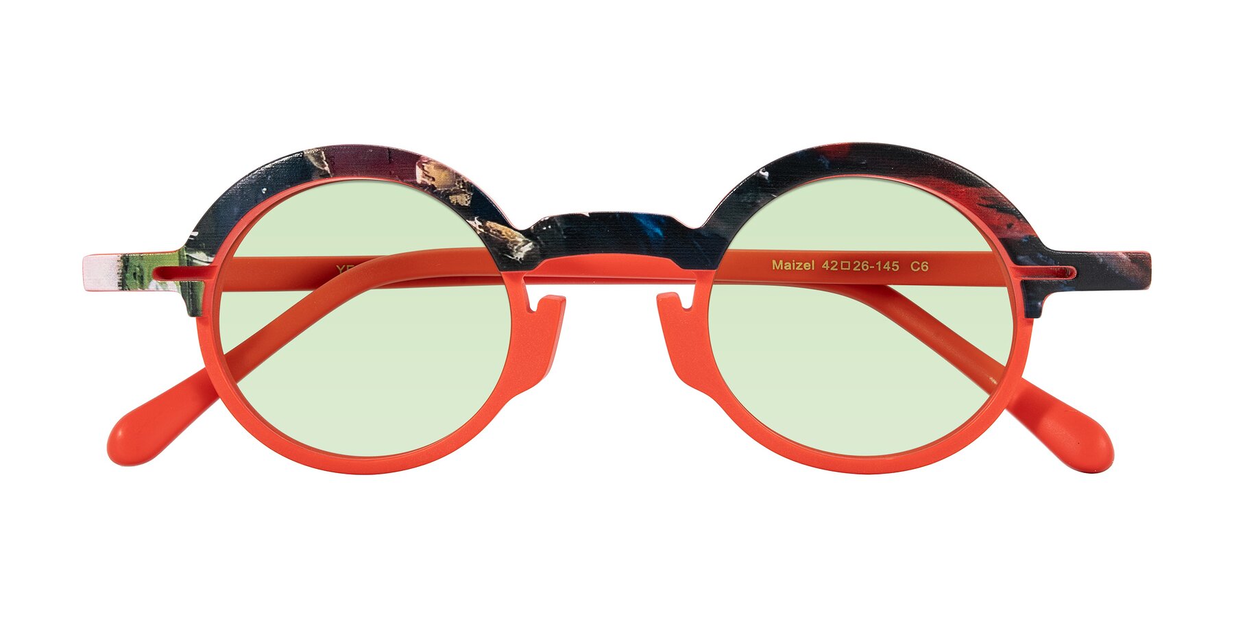 Folded Front of Maizel in Scarlet Mirage with Light Green Tinted Lenses