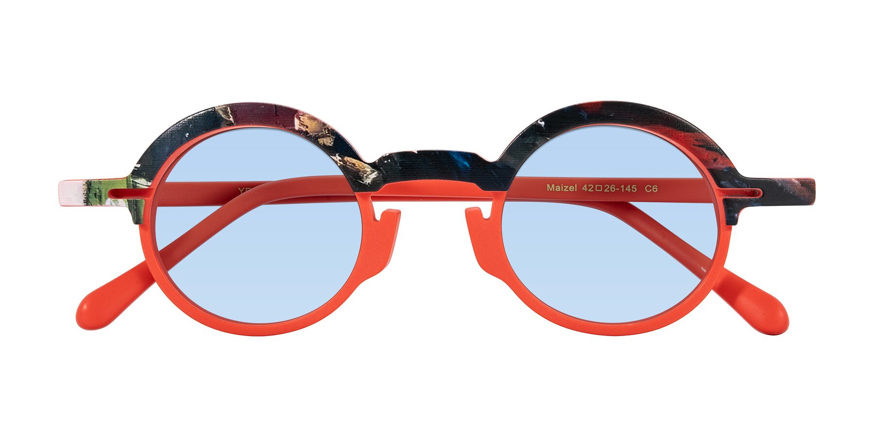 Folded Front of Maizel in Scarlet Mirage with Light Blue Tinted Lenses