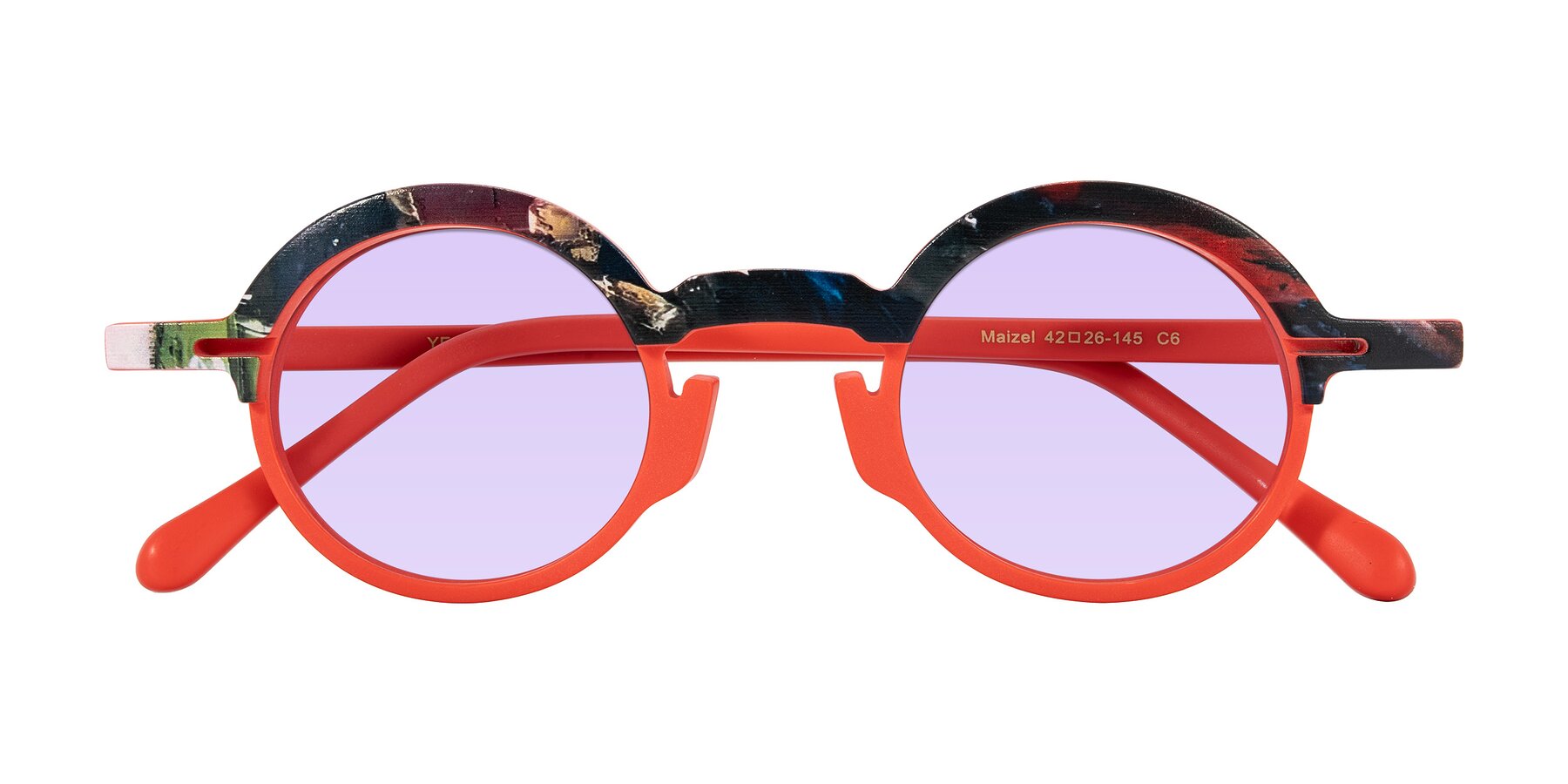 Folded Front of Maizel in Scarlet Mirage with Light Purple Tinted Lenses