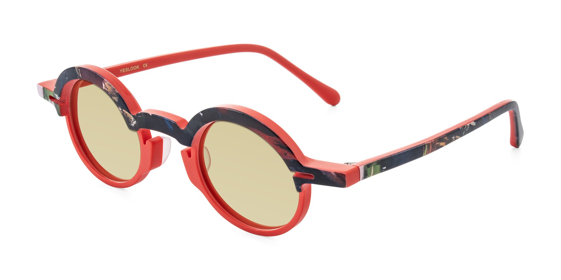 Angle of Maizel in Scarlet Mirage with Light Champagne Tinted Lenses