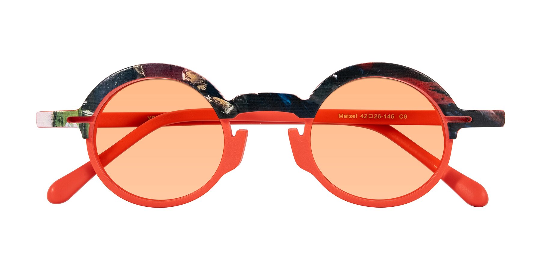 Folded Front of Maizel in Scarlet Mirage with Light Orange Tinted Lenses
