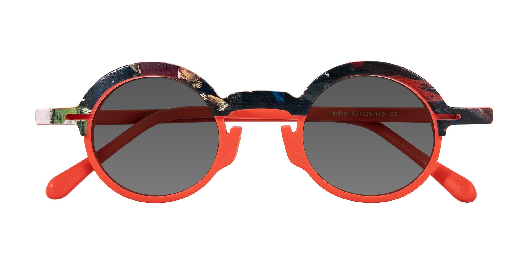 Folded Front of Maizel in Scarlet Mirage with Medium Gray Tinted Lenses