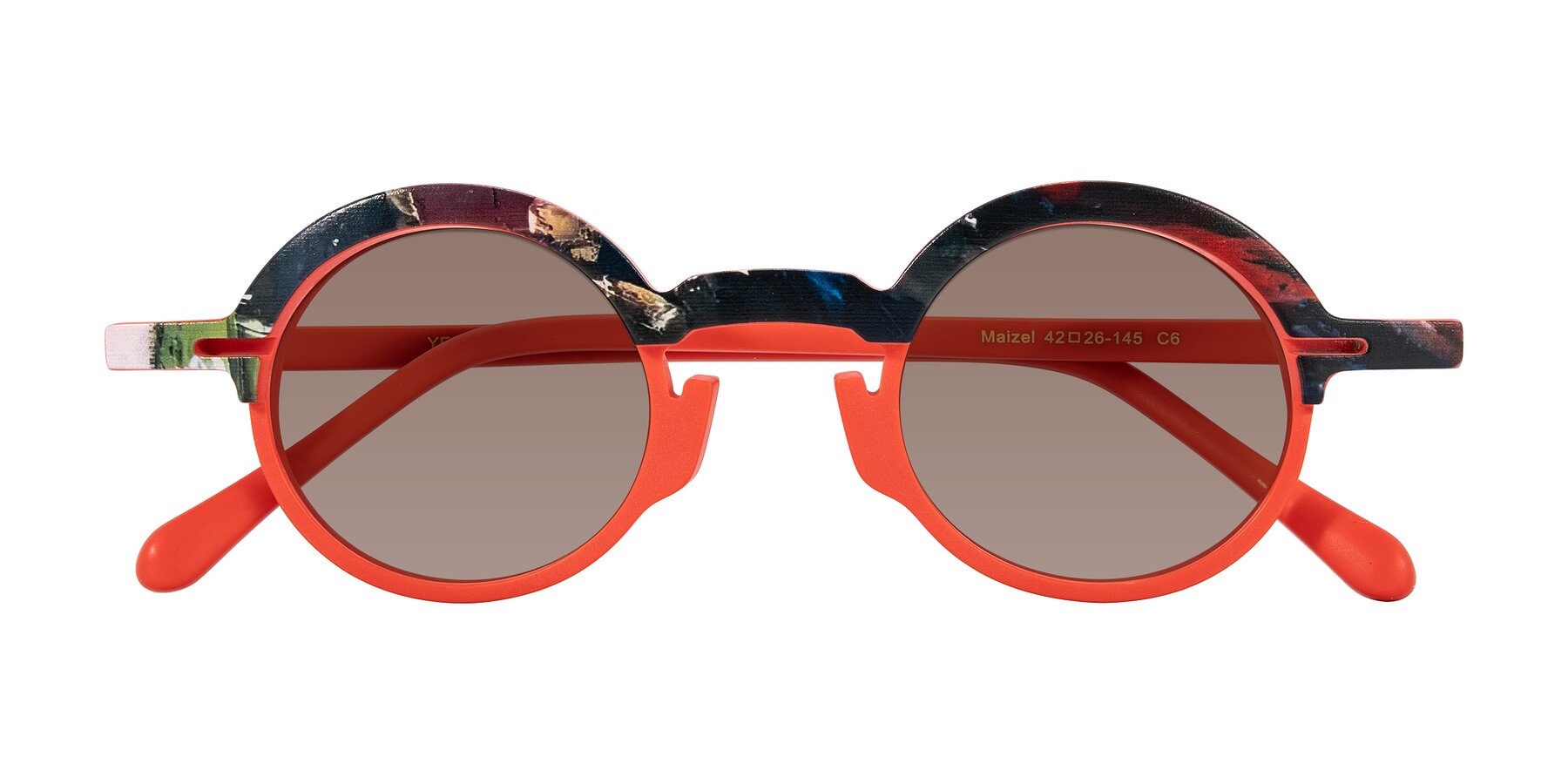 Folded Front of Maizel in Scarlet Mirage with Medium Brown Tinted Lenses