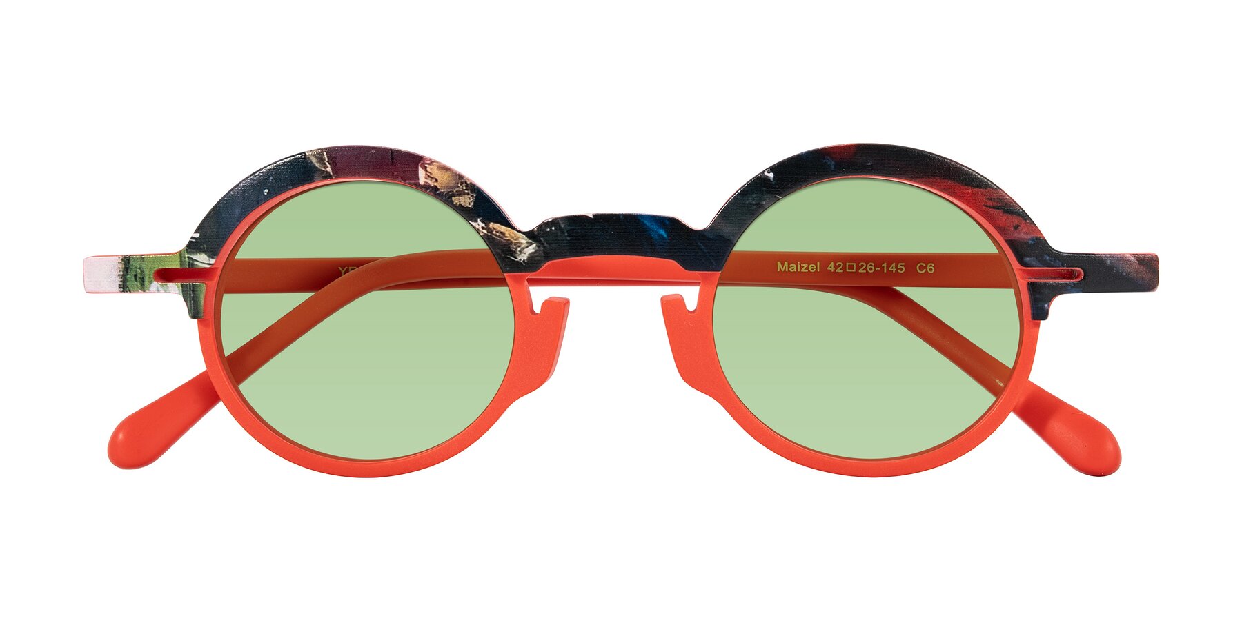 Folded Front of Maizel in Scarlet Mirage with Medium Green Tinted Lenses