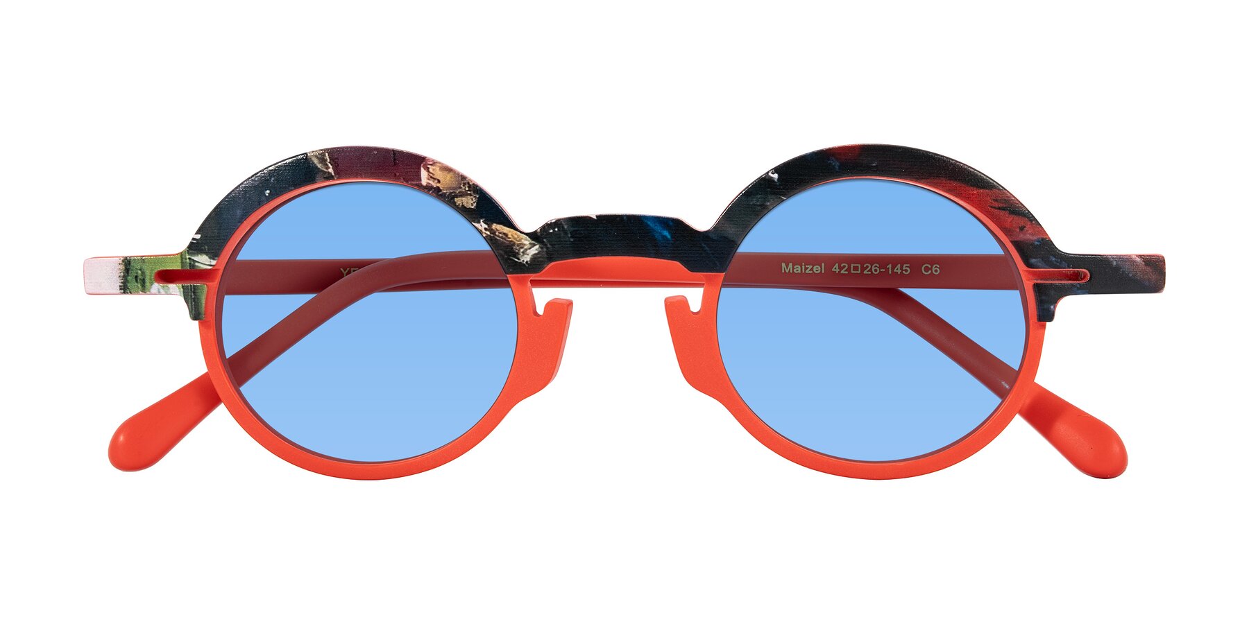 Folded Front of Maizel in Scarlet Mirage with Medium Blue Tinted Lenses
