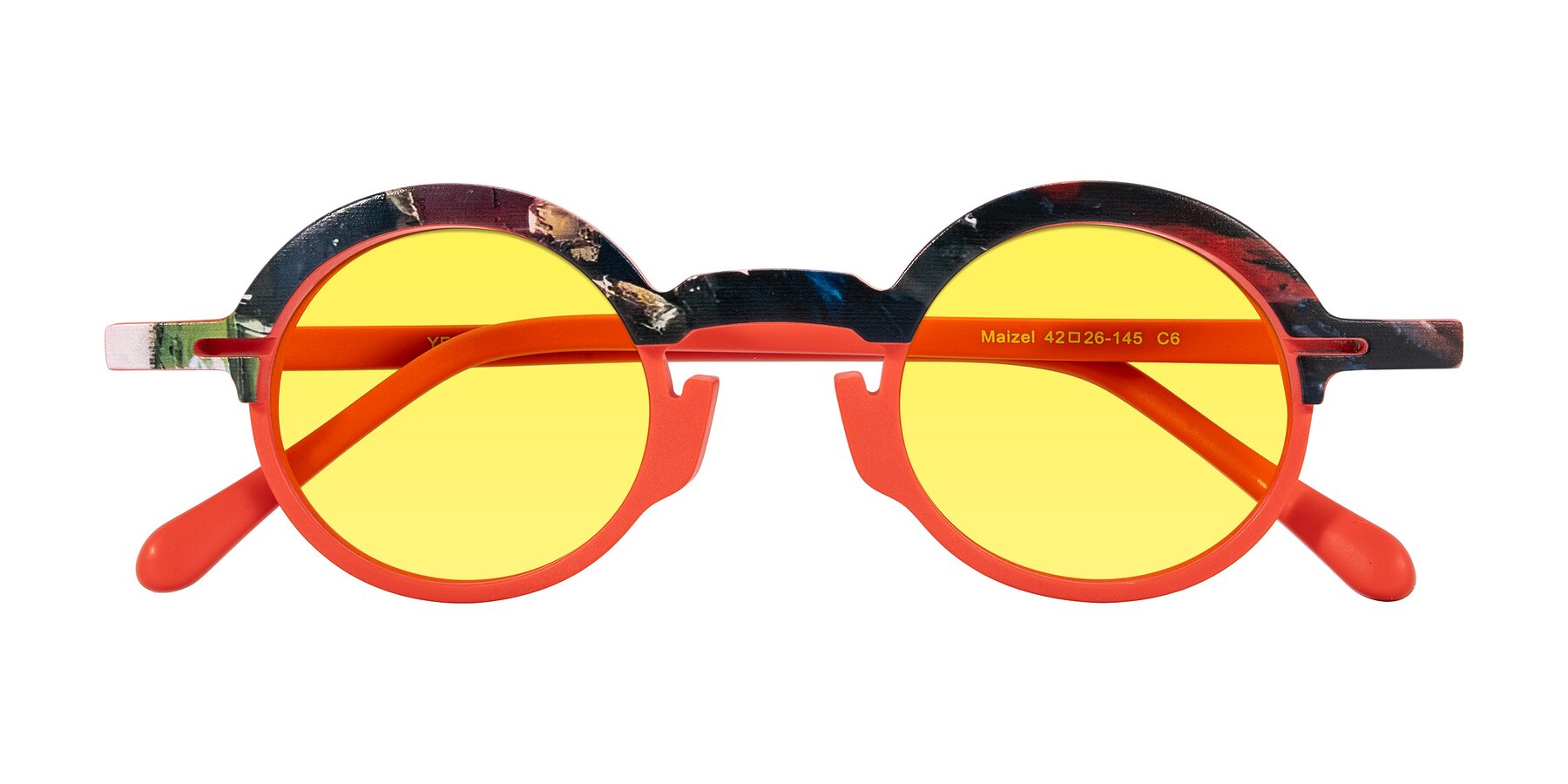 Folded Front of Maizel in Scarlet Mirage with Medium Yellow Tinted Lenses