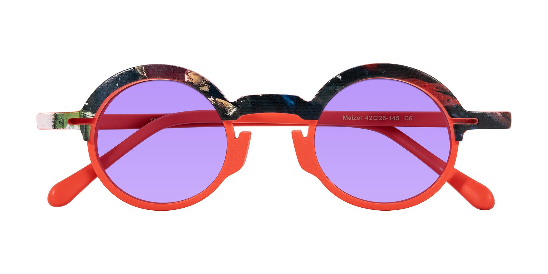 Folded Front of Maizel in Scarlet Mirage with Medium Purple Tinted Lenses