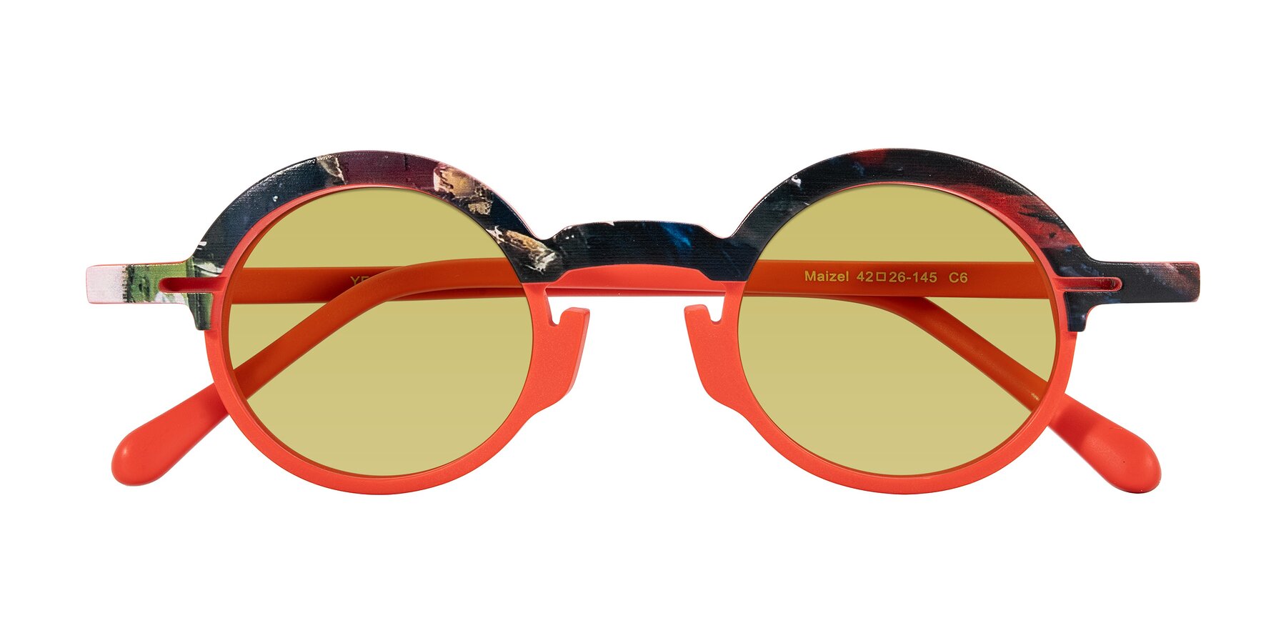 Folded Front of Maizel in Scarlet Mirage with Medium Champagne Tinted Lenses