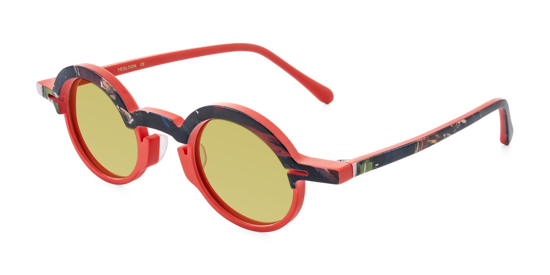 Angle of Maizel in Scarlet Mirage with Medium Champagne Tinted Lenses