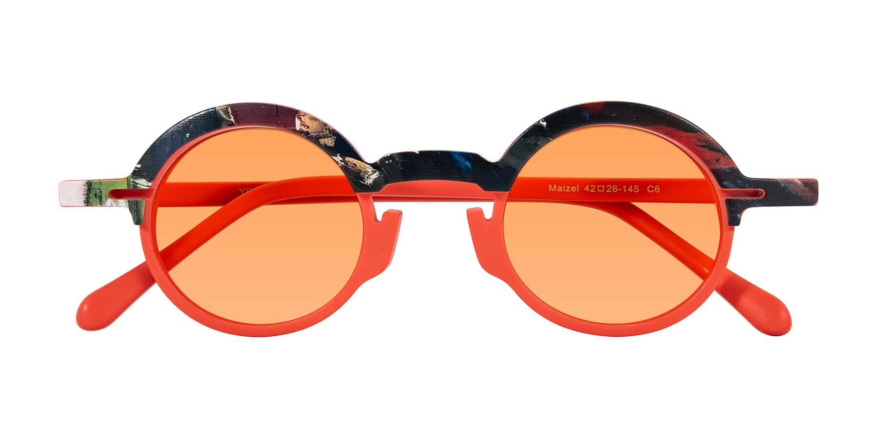 Folded Front of Maizel in Scarlet Mirage with Medium Orange Tinted Lenses