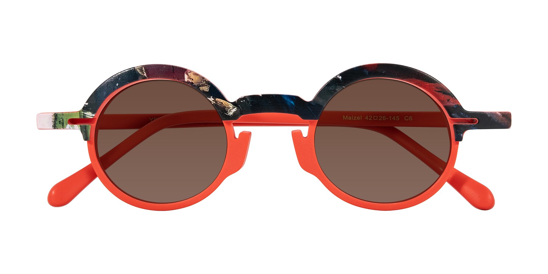 Folded Front of Maizel in Scarlet Mirage with Brown Tinted Lenses