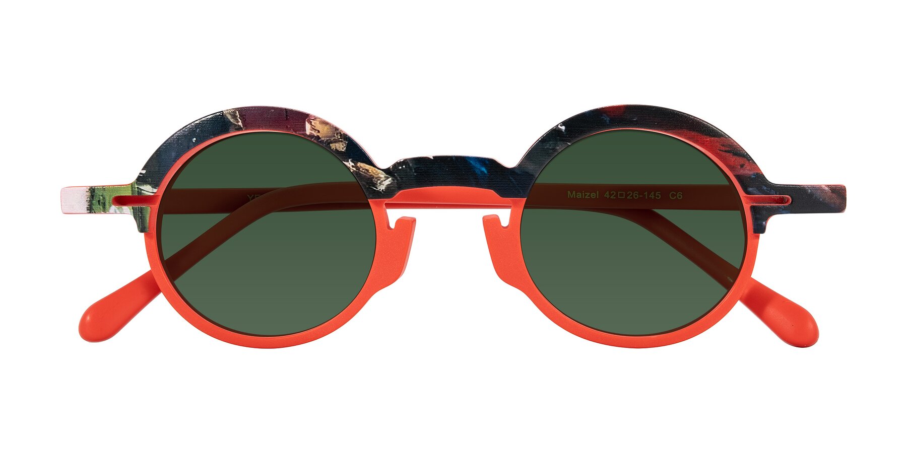 Folded Front of Maizel in Scarlet Mirage with Green Tinted Lenses