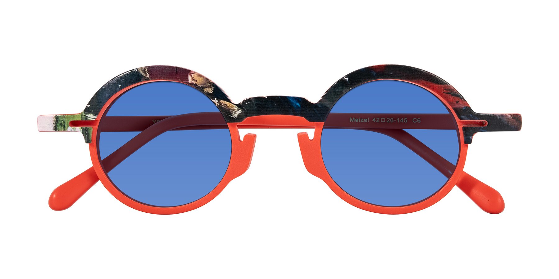 Folded Front of Maizel in Scarlet Mirage with Blue Tinted Lenses