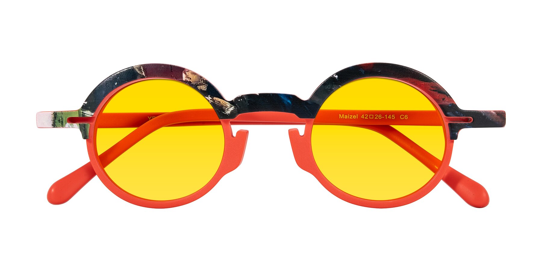 Folded Front of Maizel in Scarlet Mirage with Yellow Tinted Lenses