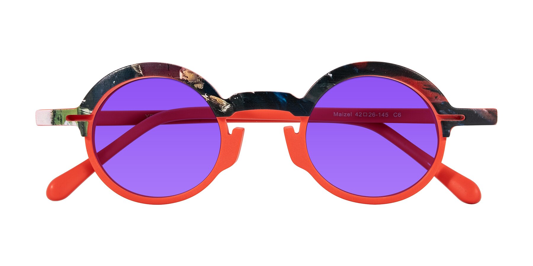 Folded Front of Maizel in Scarlet Mirage with Purple Tinted Lenses