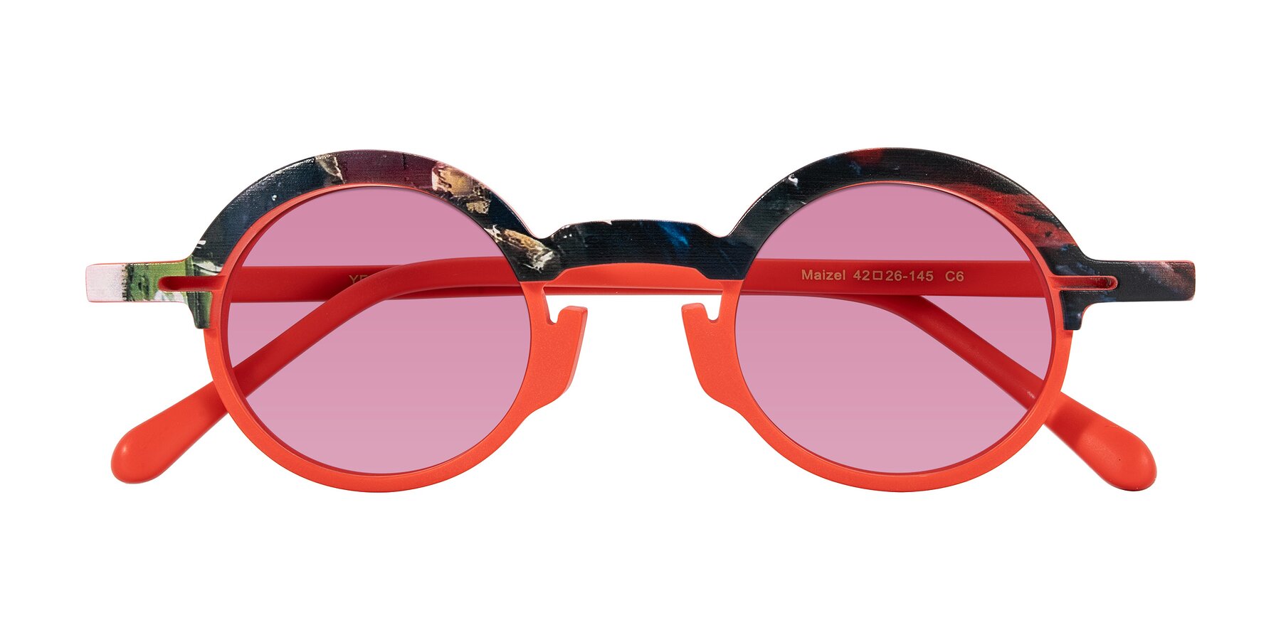 Folded Front of Maizel in Scarlet Mirage with Medium Wine Tinted Lenses