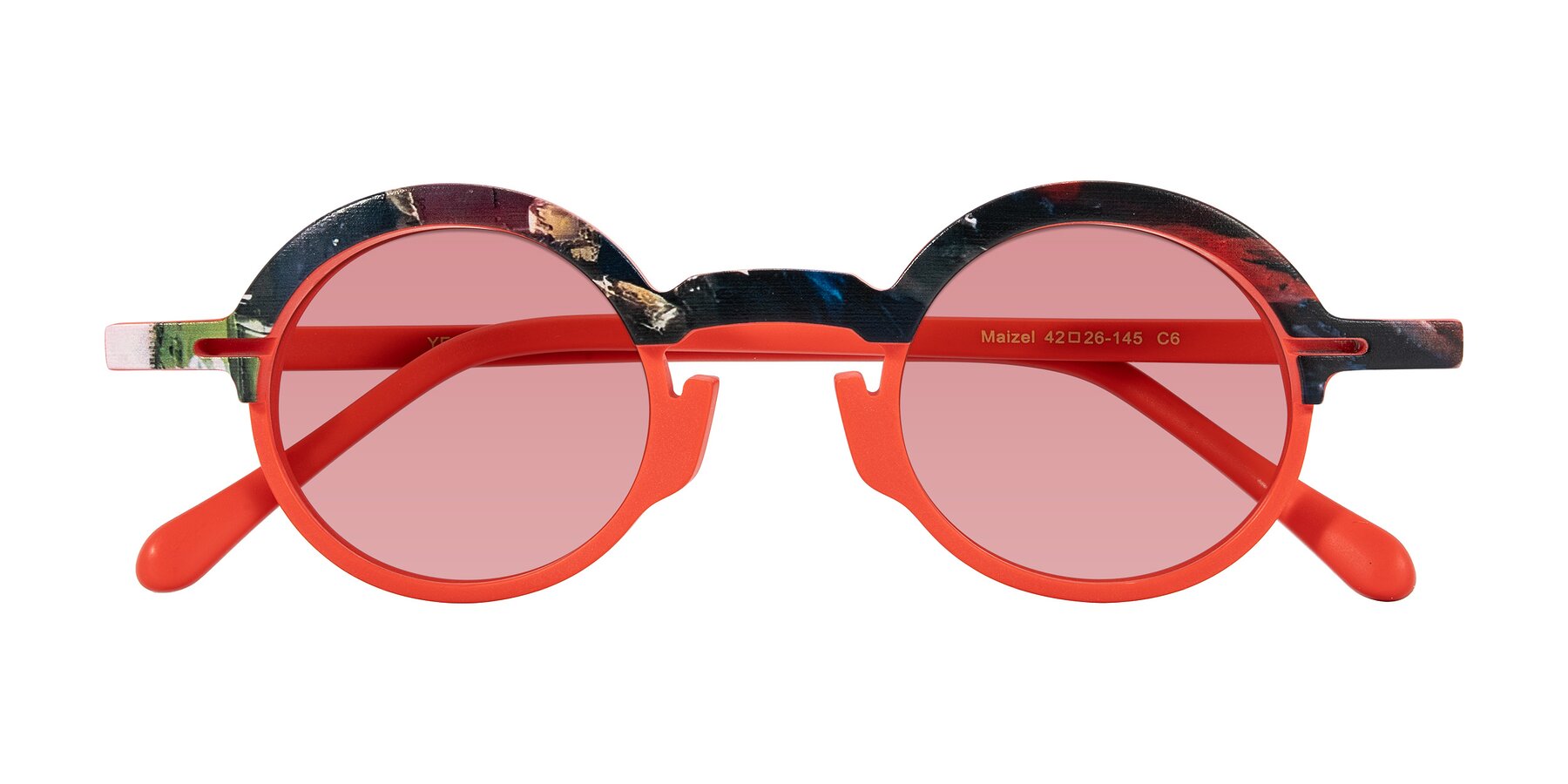 Folded Front of Maizel in Scarlet Mirage with Medium Garnet Tinted Lenses