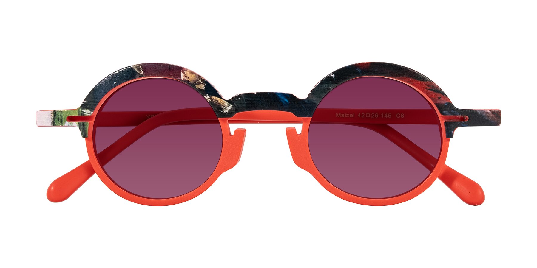 Folded Front of Maizel in Scarlet Mirage with Wine Tinted Lenses