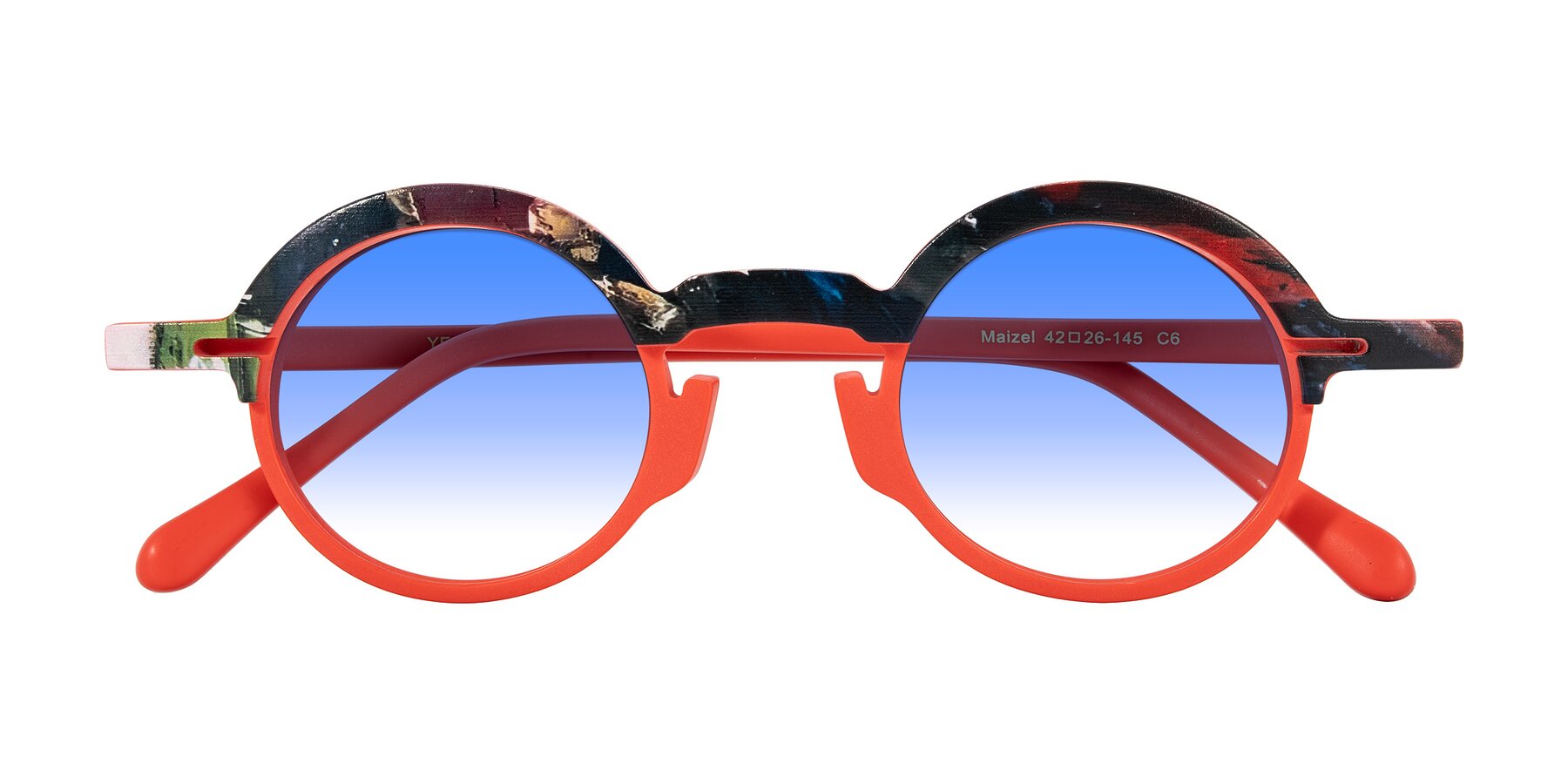 Folded Front of Maizel in Scarlet Mirage with Blue Gradient Lenses