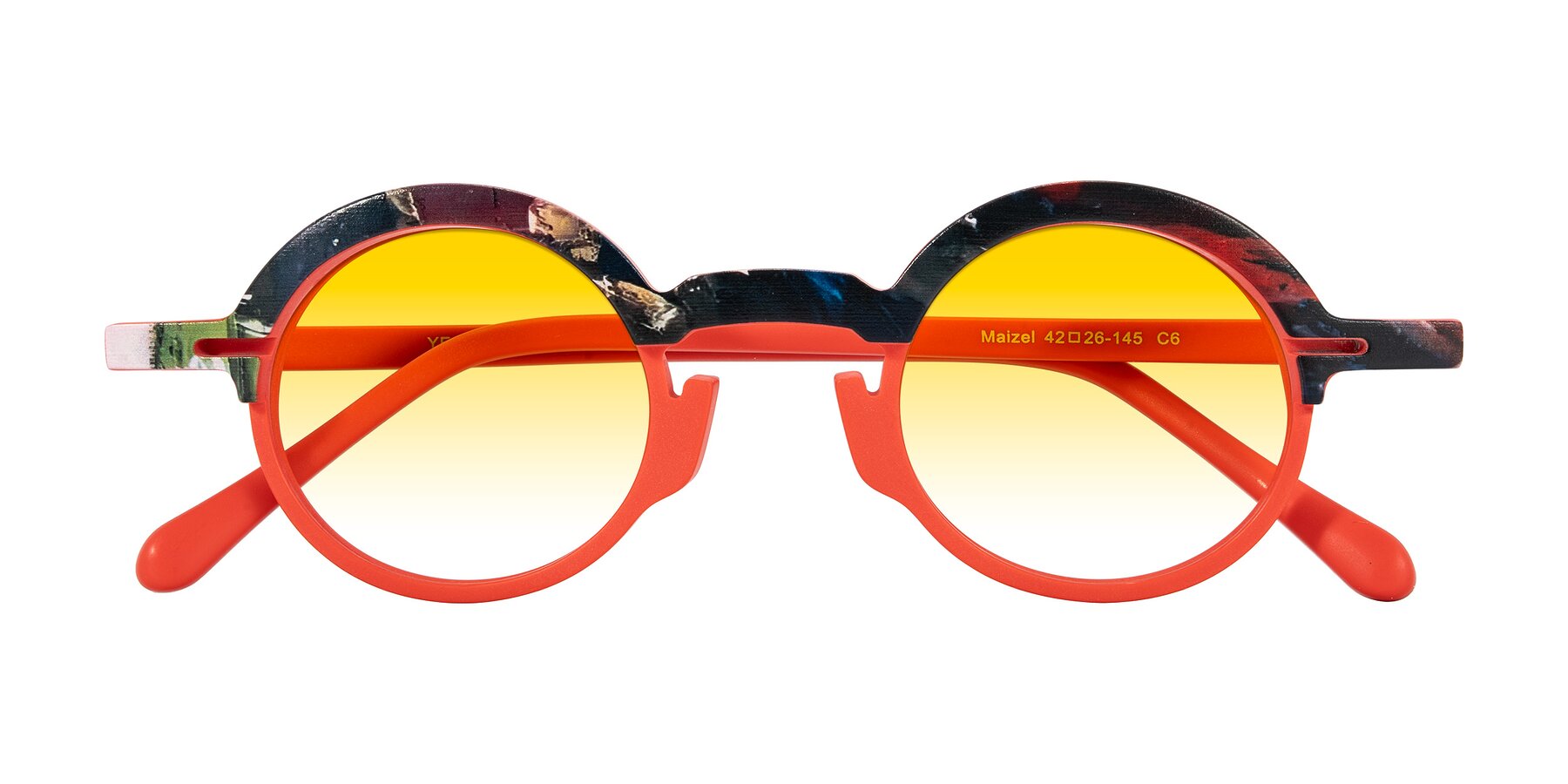 Folded Front of Maizel in Scarlet Mirage with Yellow Gradient Lenses
