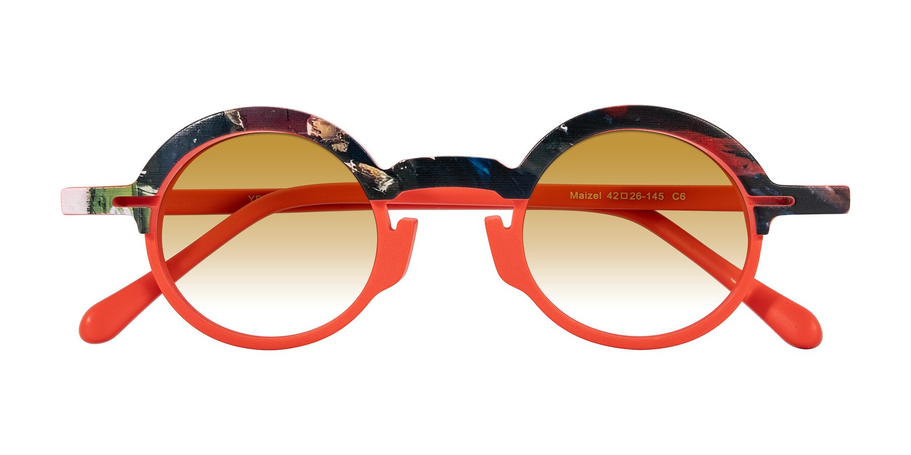 Folded Front of Maizel in Scarlet Mirage with Champagne Gradient Lenses