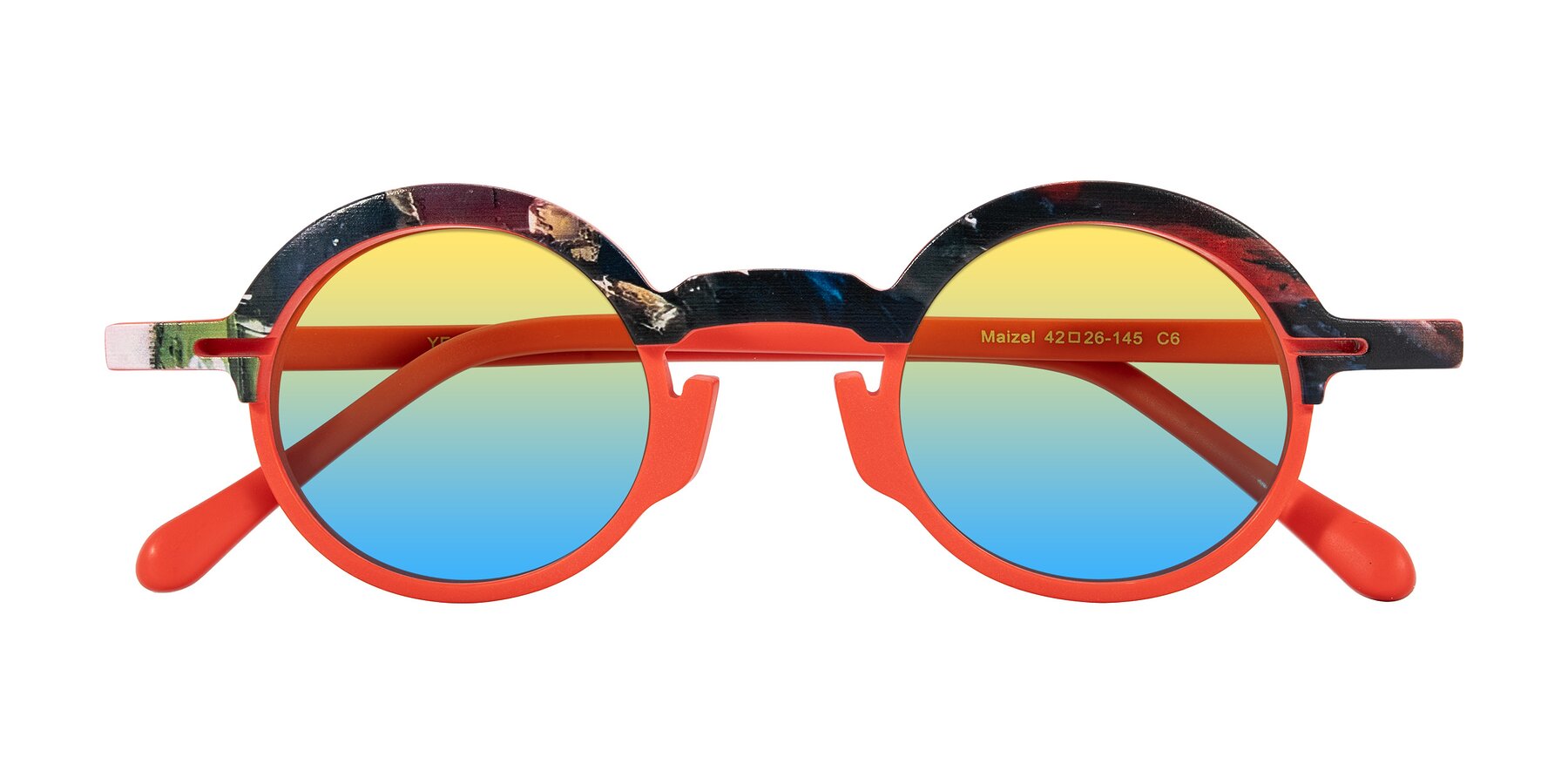 Folded Front of Maizel in Scarlet Mirage with Yellow / Blue Gradient Lenses