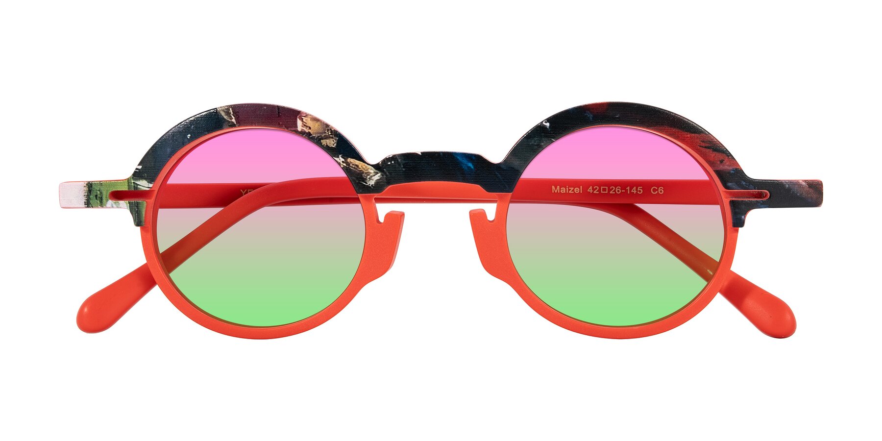 Folded Front of Maizel in Scarlet Mirage with Pink / Green Gradient Lenses