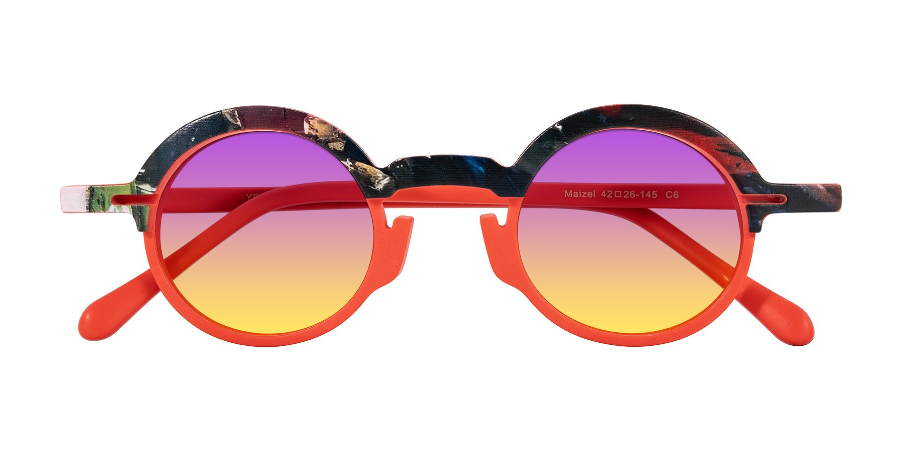 Folded Front of Maizel in Scarlet Mirage with Purple / Yellow Gradient Lenses