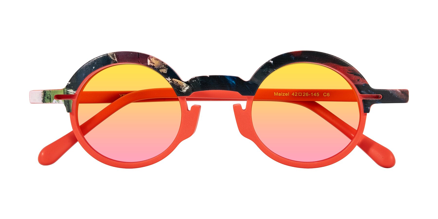 Folded Front of Maizel in Scarlet Mirage with Yellow / Pink Gradient Lenses