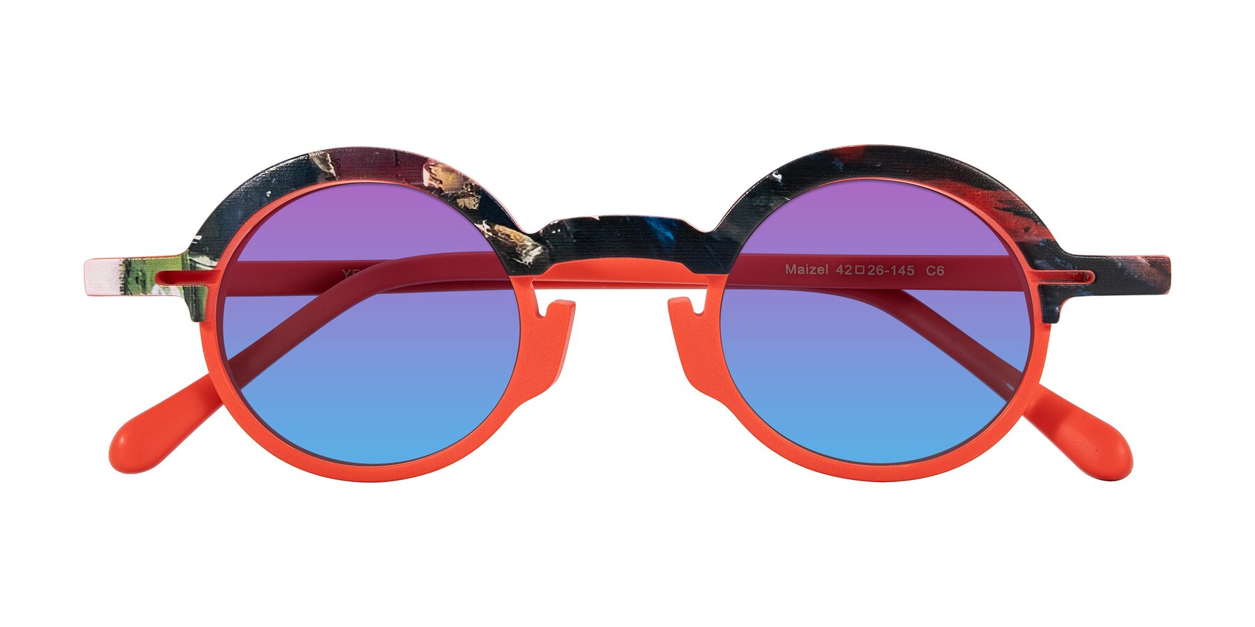 Folded Front of Maizel in Scarlet Mirage with Purple / Blue Gradient Lenses