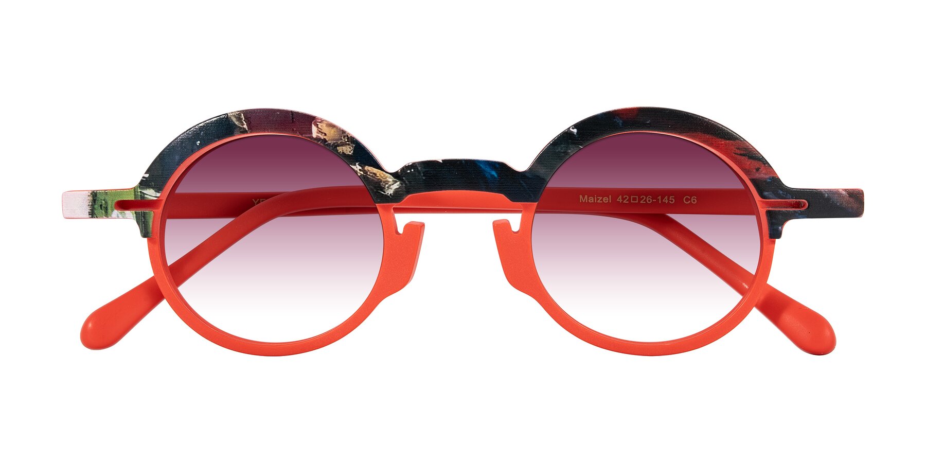 Folded Front of Maizel in Scarlet Mirage with Wine Gradient Lenses