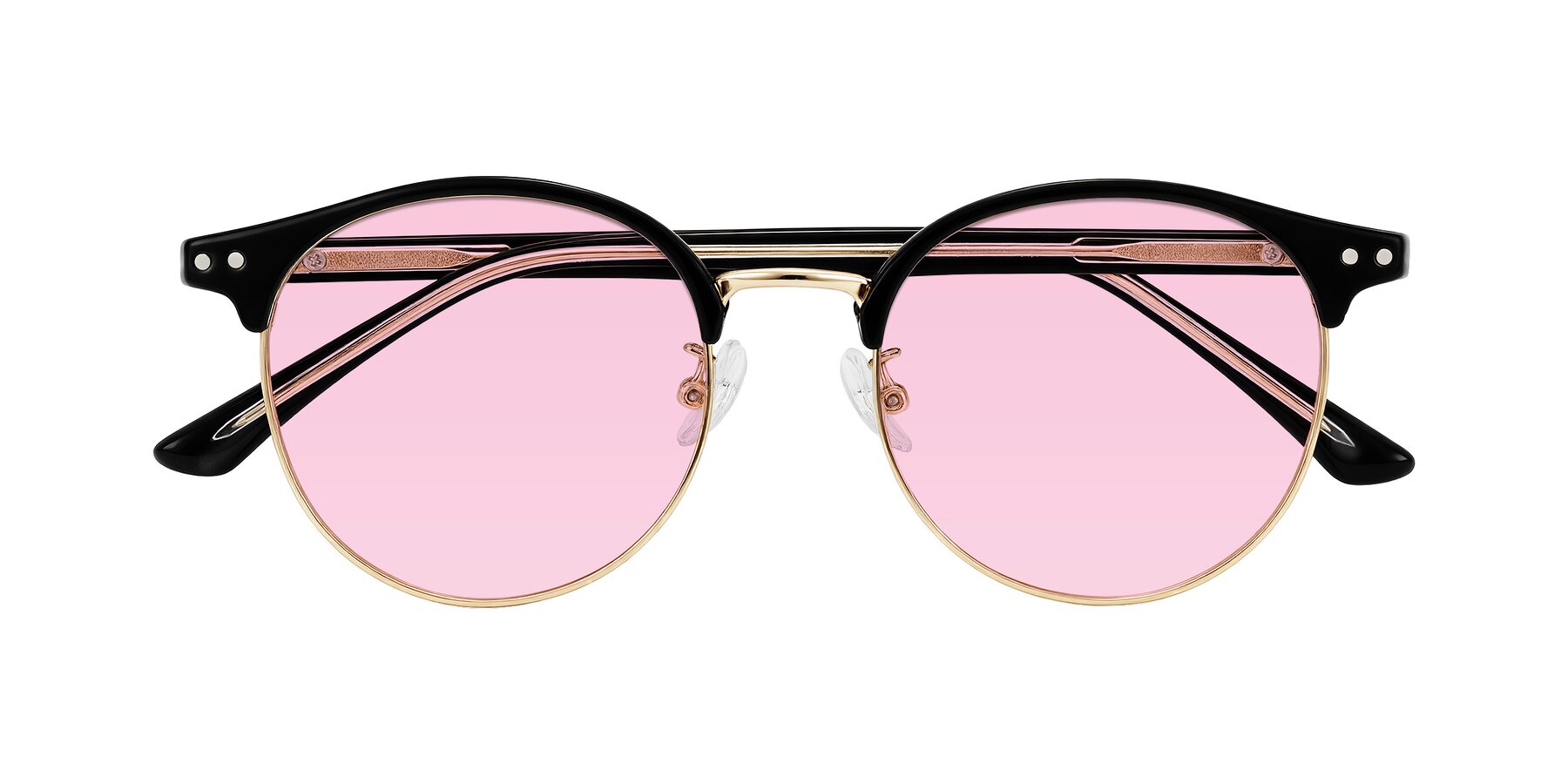 Folded Front of Karnes in Black/Gold with Light Pink Tinted Lenses