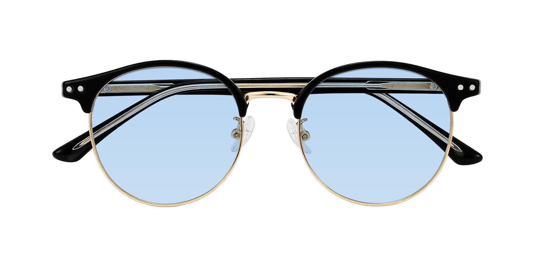 Folded Front of Karnes in Black/Gold with Light Blue Tinted Lenses