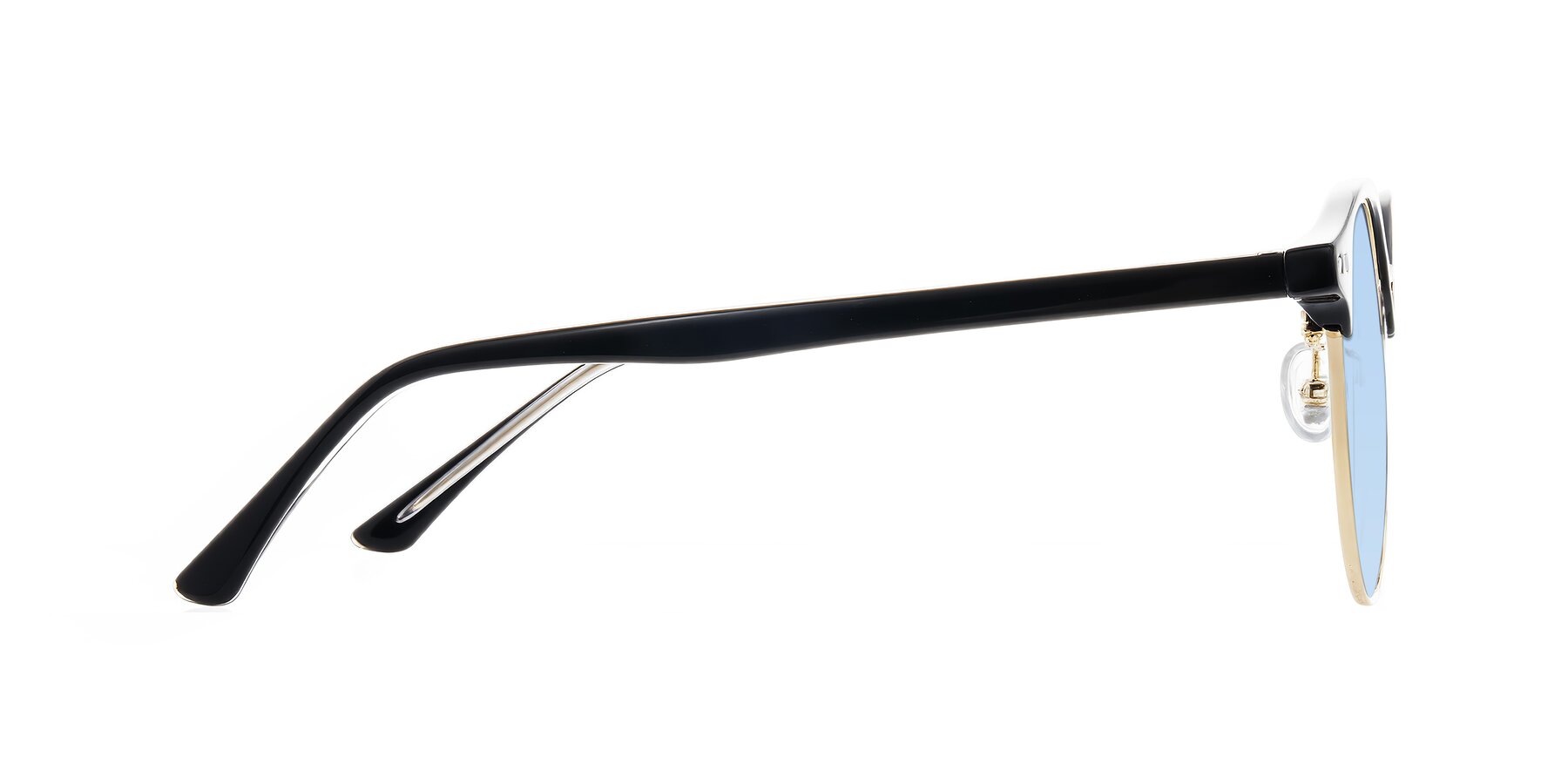 Side of Karnes in Black/Gold with Light Blue Tinted Lenses