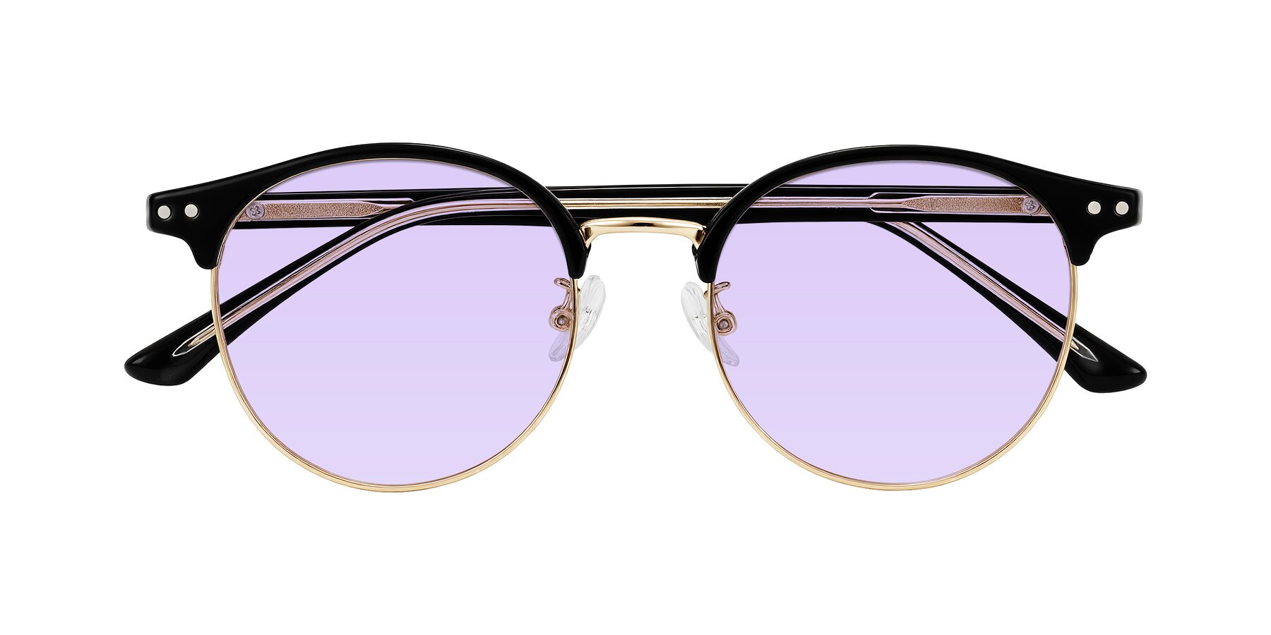 Folded Front of Karnes in Black/Gold with Light Purple Tinted Lenses