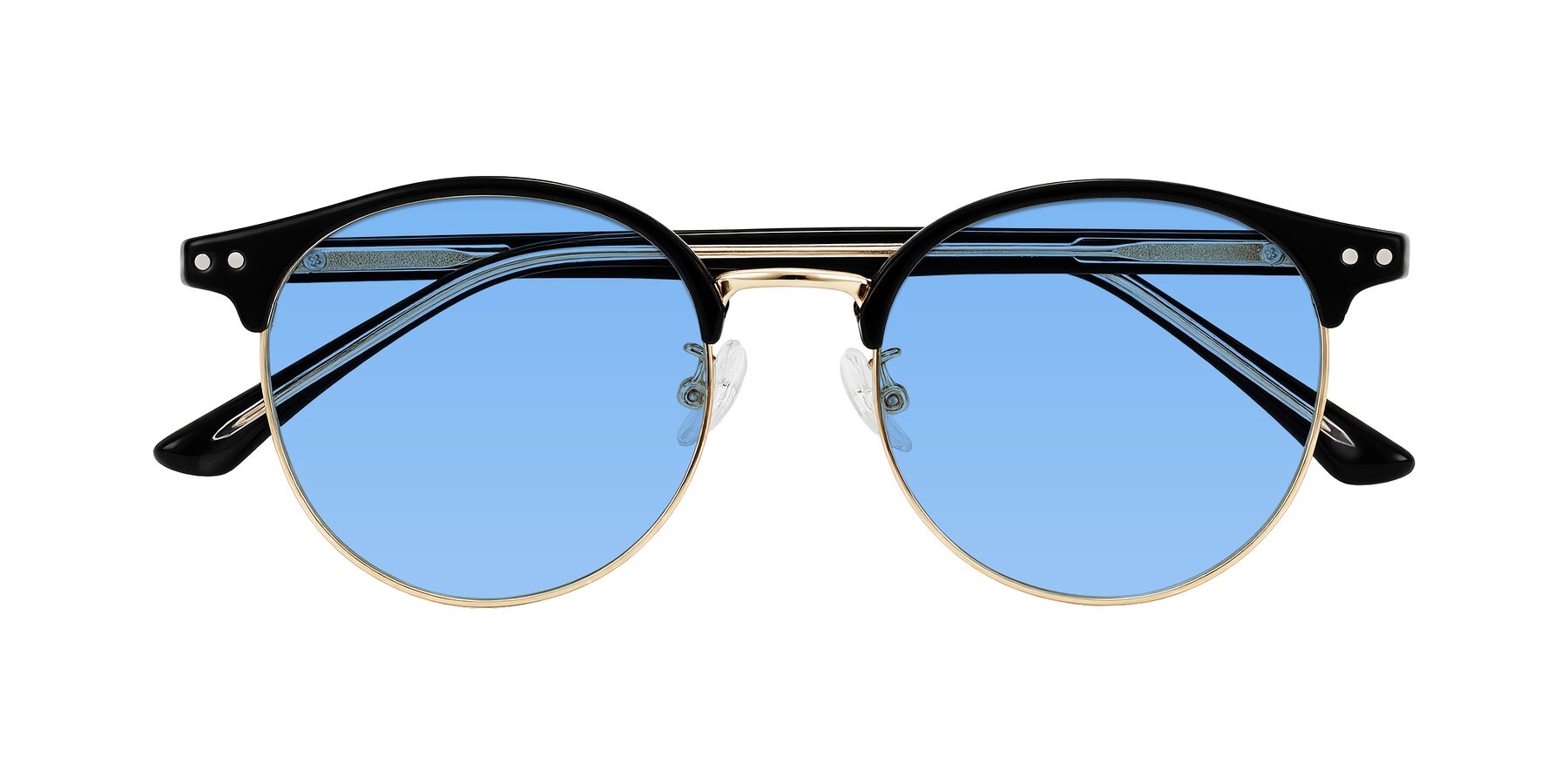 Folded Front of Karnes in Black/Gold with Medium Blue Tinted Lenses