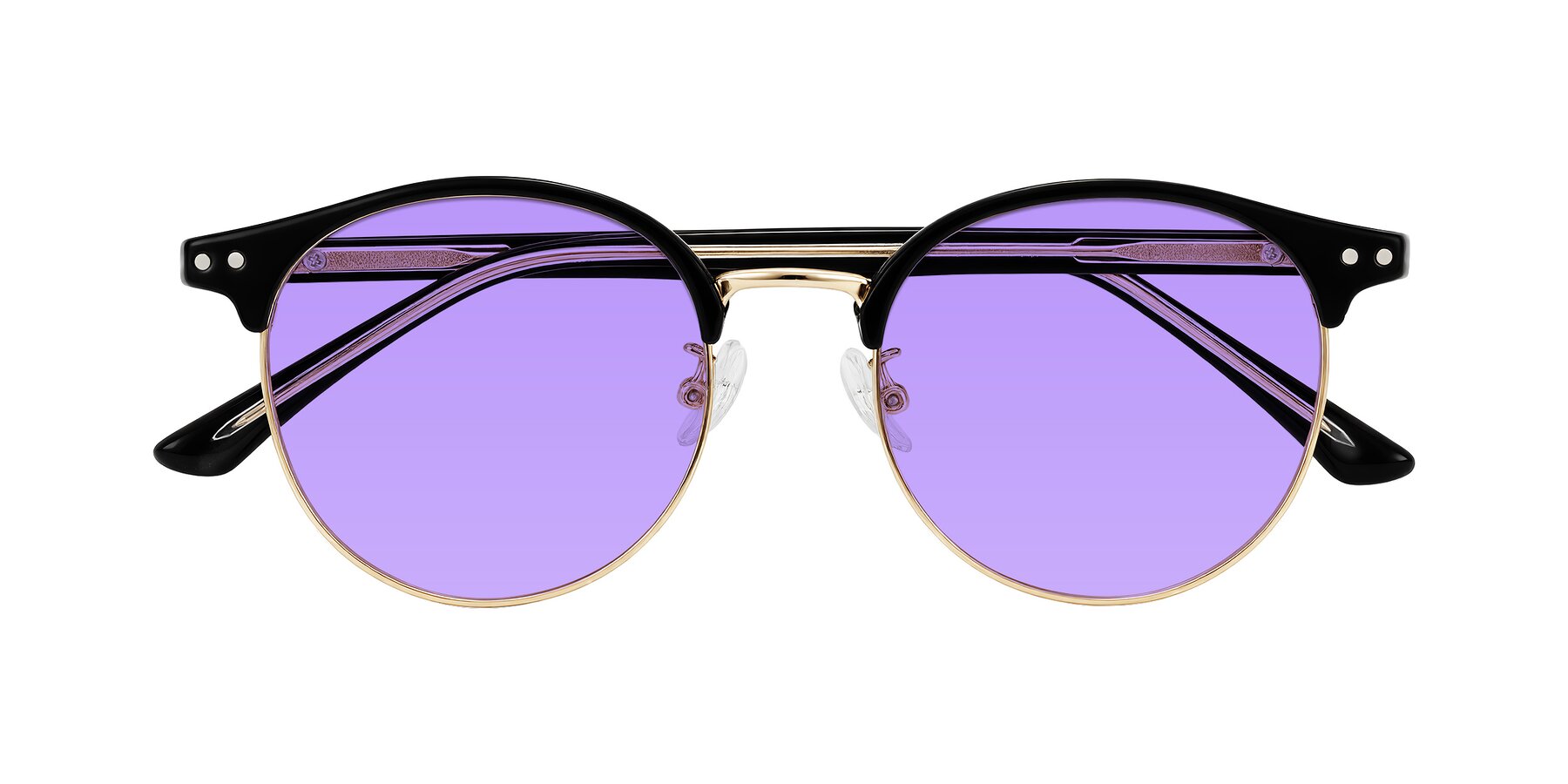 Folded Front of Karnes in Black/Gold with Medium Purple Tinted Lenses