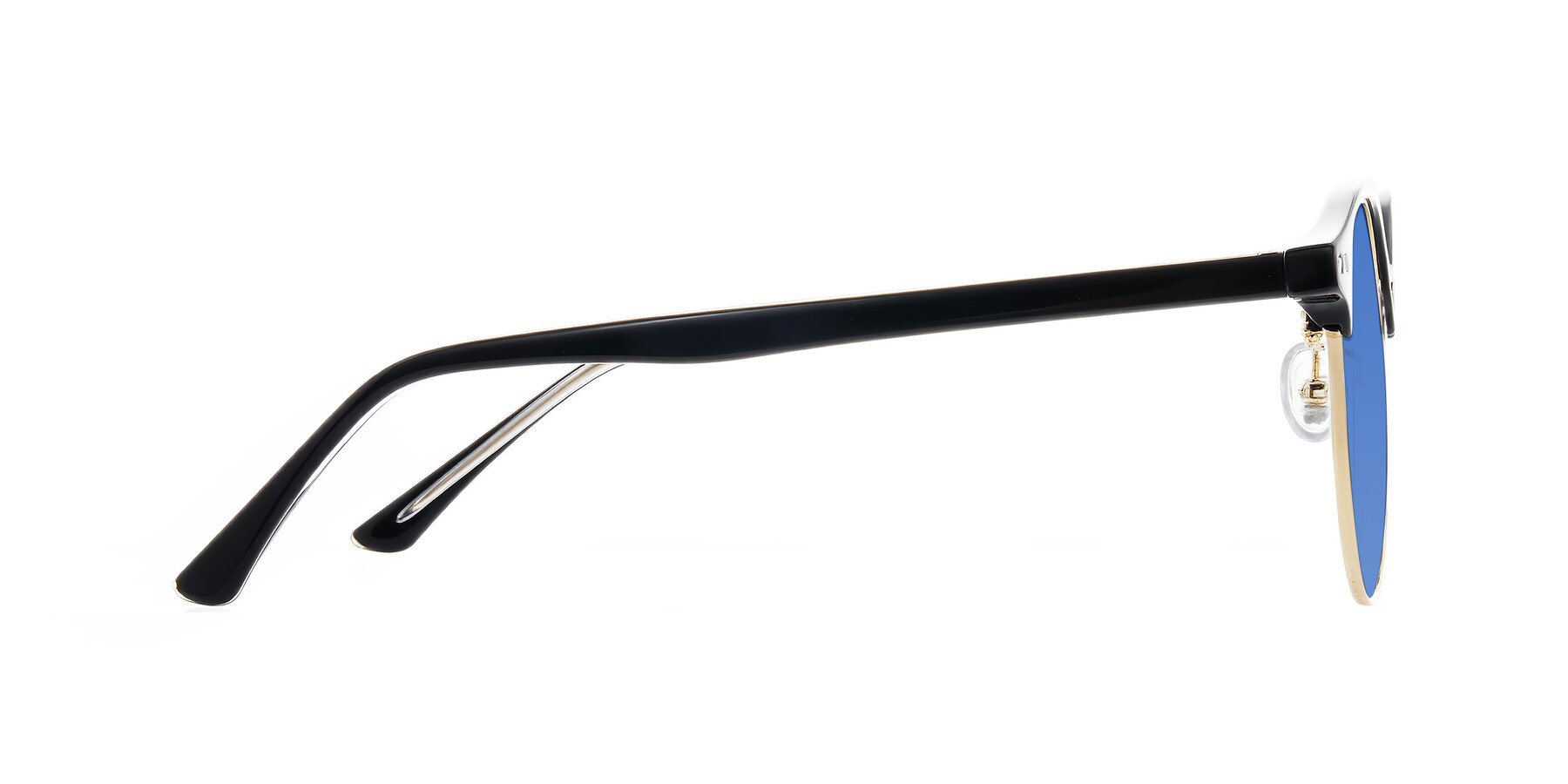 Side of Karnes in Black/Gold with Blue Tinted Lenses