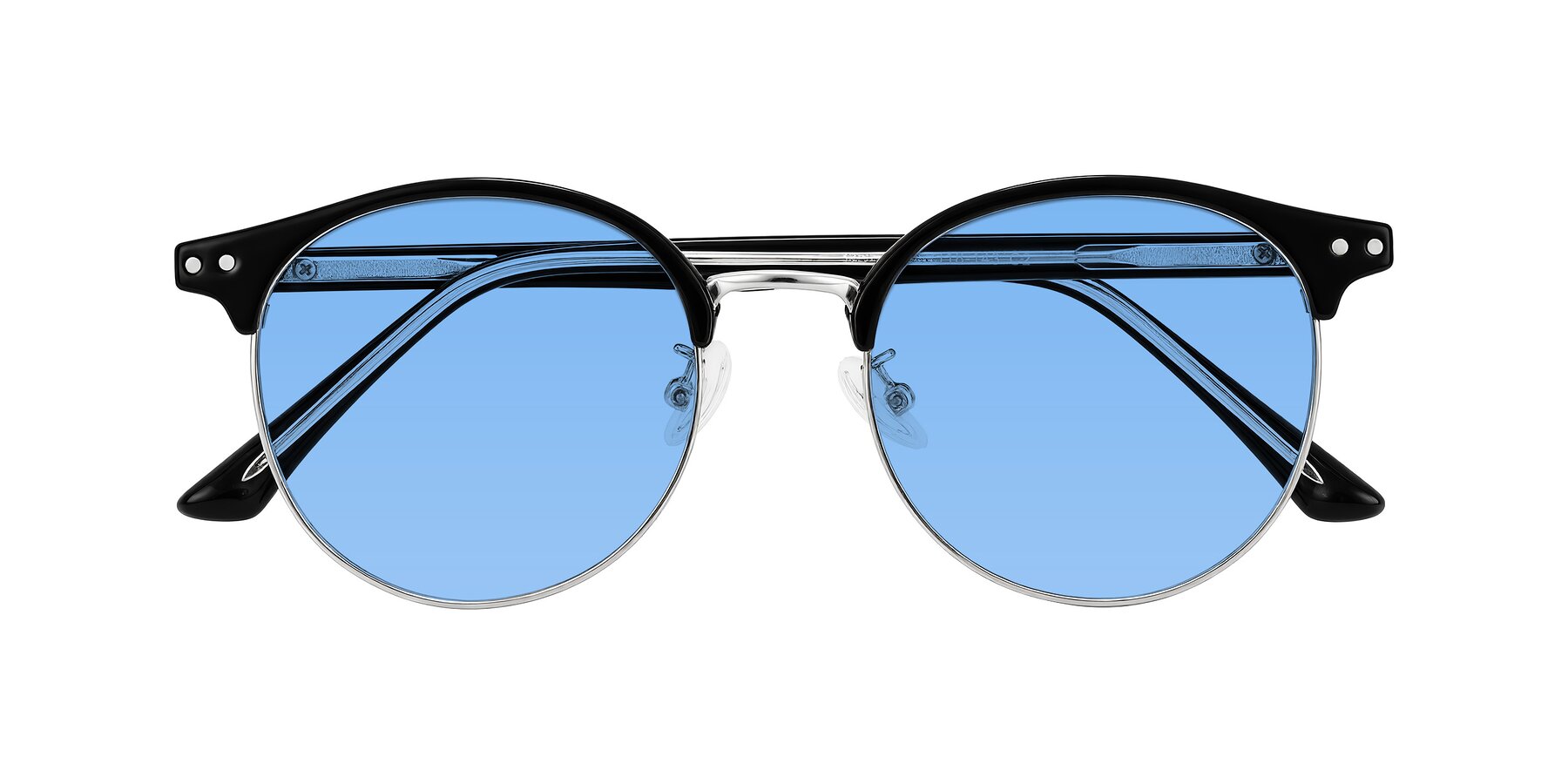 Folded Front of Karnes in Black/Silver with Medium Blue Tinted Lenses