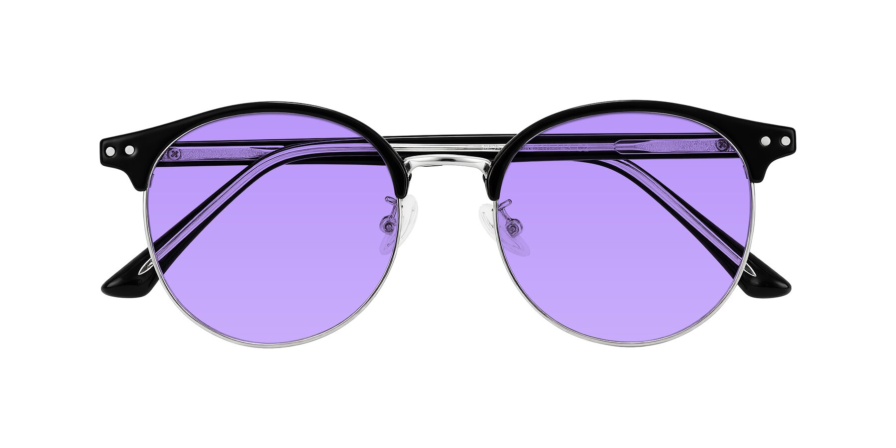 Folded Front of Karnes in Black/Silver with Medium Purple Tinted Lenses