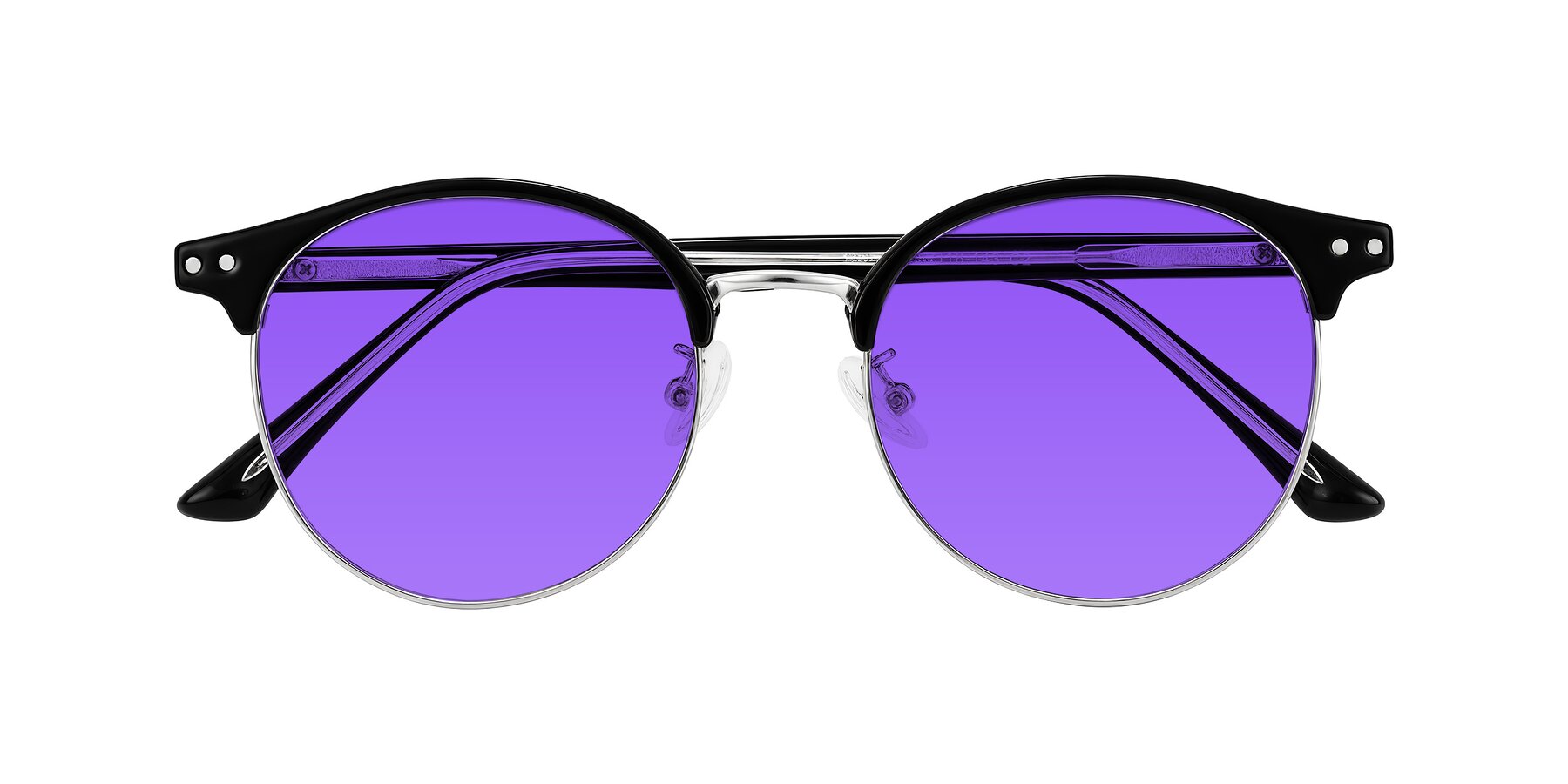 Folded Front of Karnes in Black/Silver with Purple Tinted Lenses