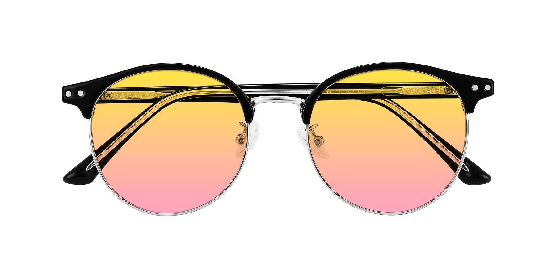 Folded Front of Karnes in Black/Silver with Yellow / Pink Gradient Lenses