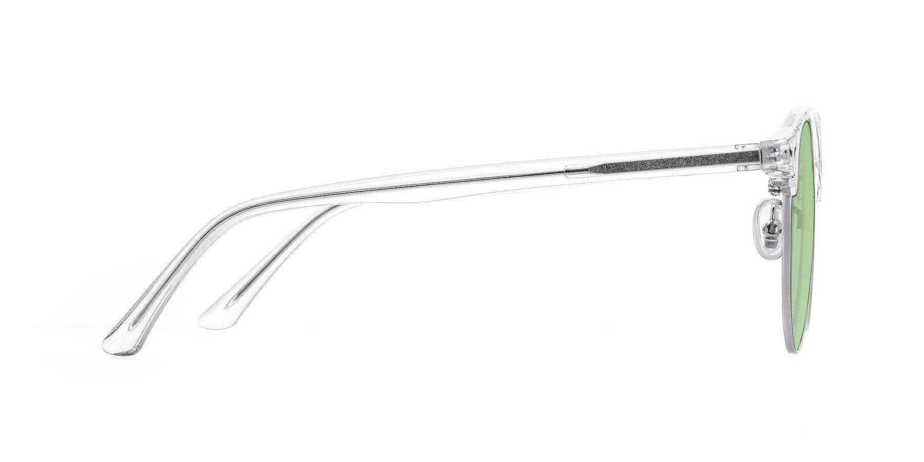 Side of Karnes in Clear/Silver with Medium Green Tinted Lenses