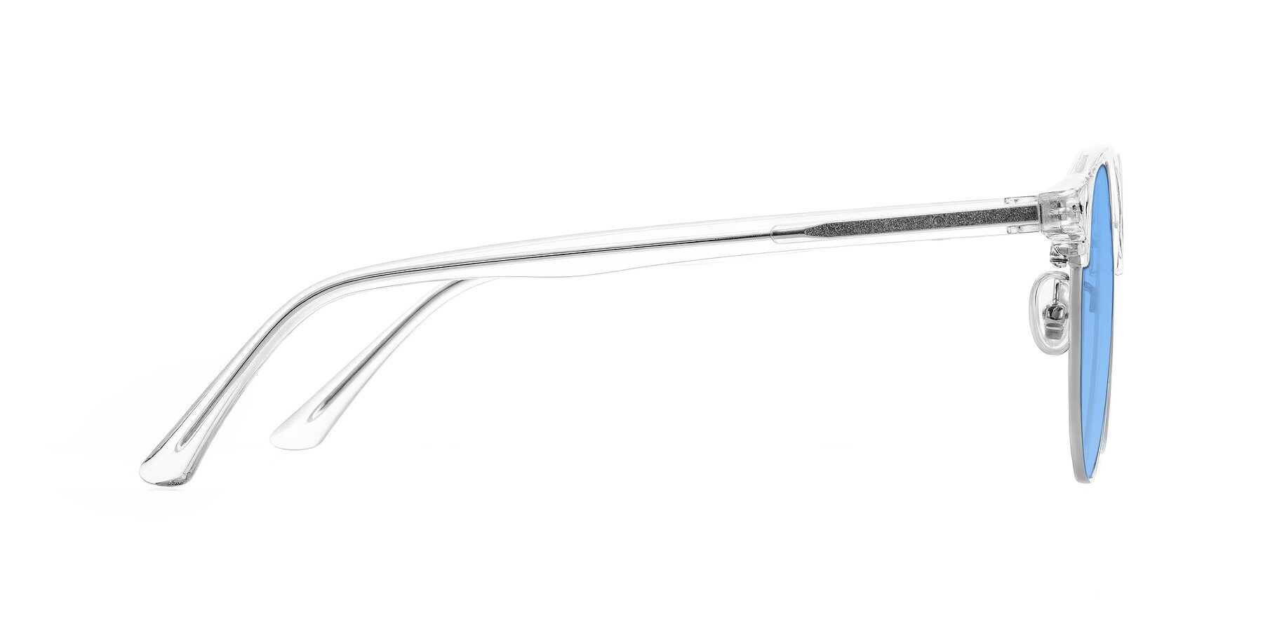 Side of Karnes in Clear/Silver with Medium Blue Tinted Lenses
