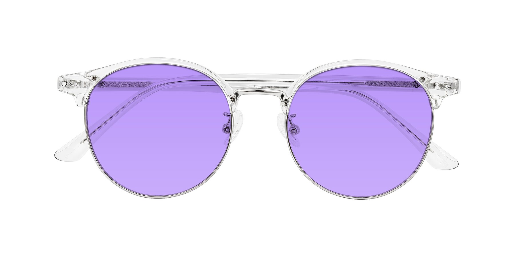 Folded Front of Karnes in Clear/Silver with Medium Purple Tinted Lenses