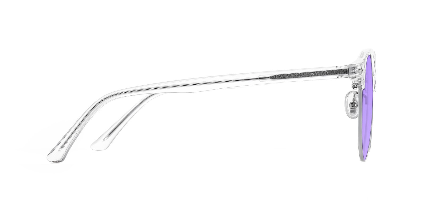 Side of Karnes in Clear/Silver with Medium Purple Tinted Lenses