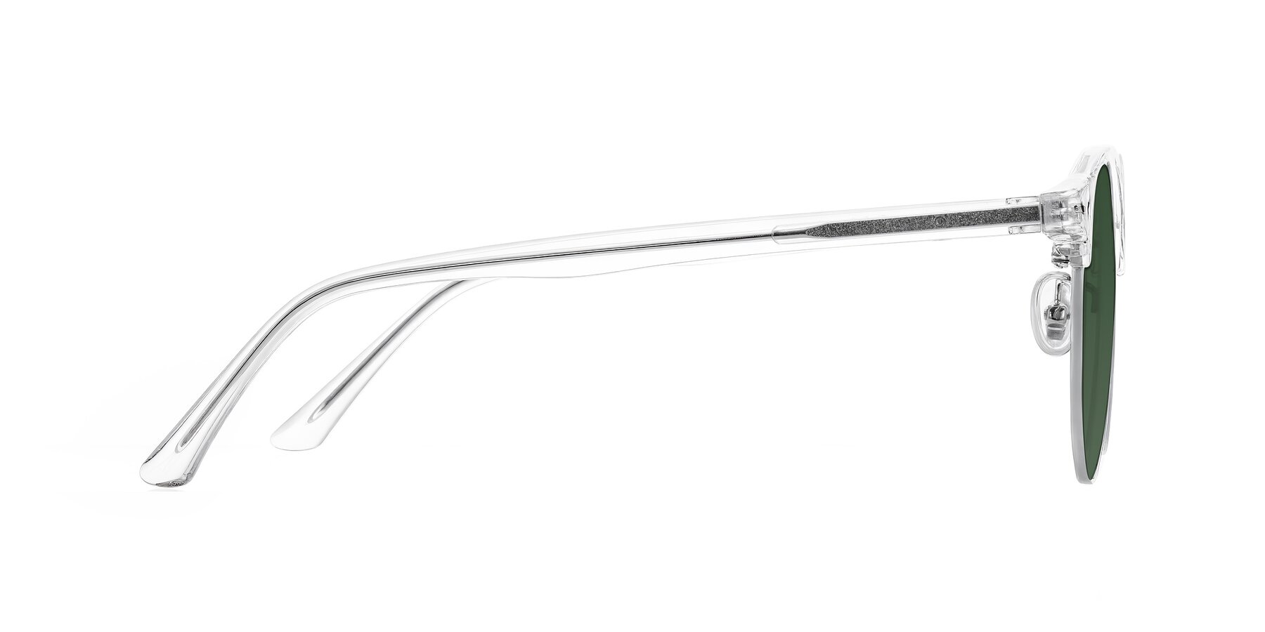 Side of Karnes in Clear/Silver with Green Tinted Lenses