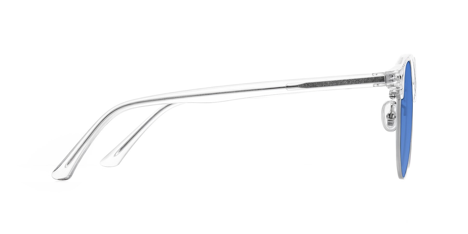 Side of Karnes in Clear/Silver with Blue Tinted Lenses