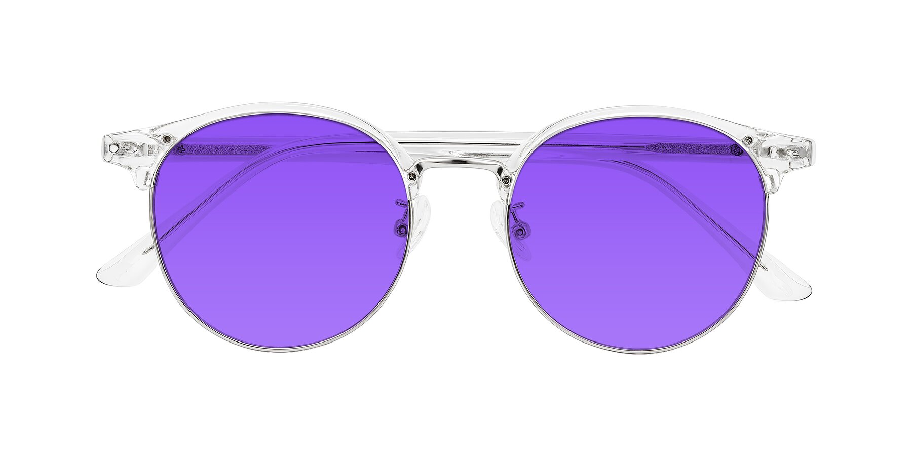 Folded Front of Karnes in Clear/Silver with Purple Tinted Lenses