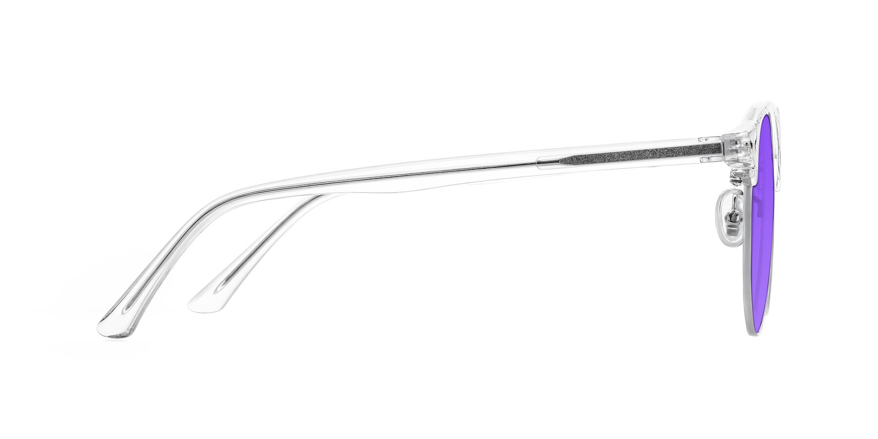 Side of Karnes in Clear/Silver with Purple Tinted Lenses